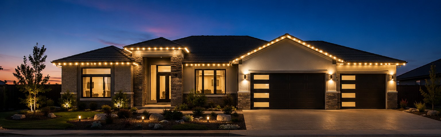 Home with permanent warm-white Delta roofline lighting at dusk